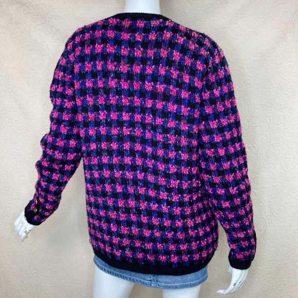 Emma Camusso Vintage Wool Chunky Knit Cardigan Pink Black Purple XL - Picture 7 of 14